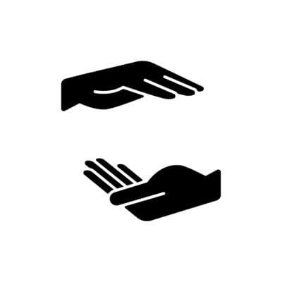 Two hands holding something black glyph icon. Free space for the premises of the object. Empty space between hands. Maternal care. Silhouette symbol on white space. Vector isolated illustration