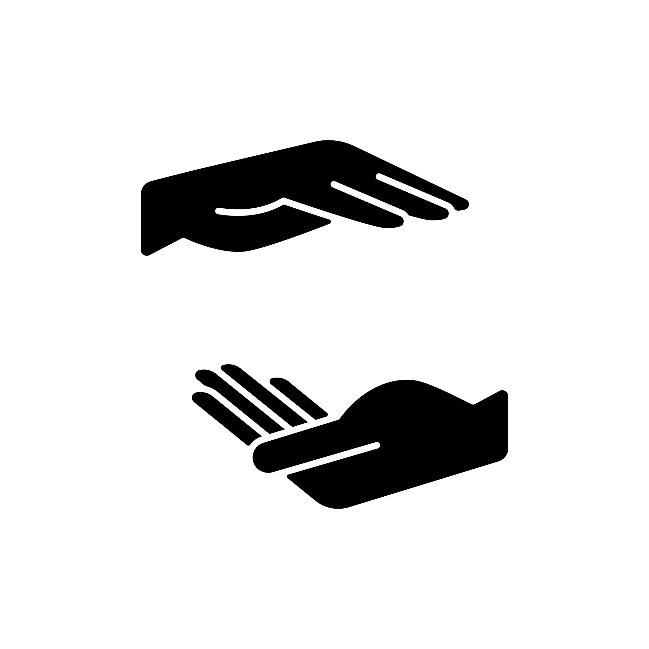 How to Sell Life Insurance 4 Two hands holding something black glyph icon. Free space for the premises of the object. Empty space between hands. Maternal care. Silhouette symbol on white space. Vector isolated illustration