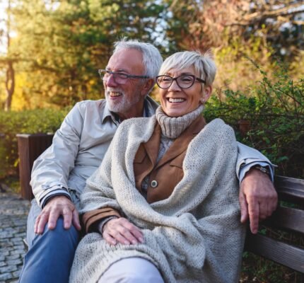 Life Settlement - Smiling senior couple sitting on the bench in the park together